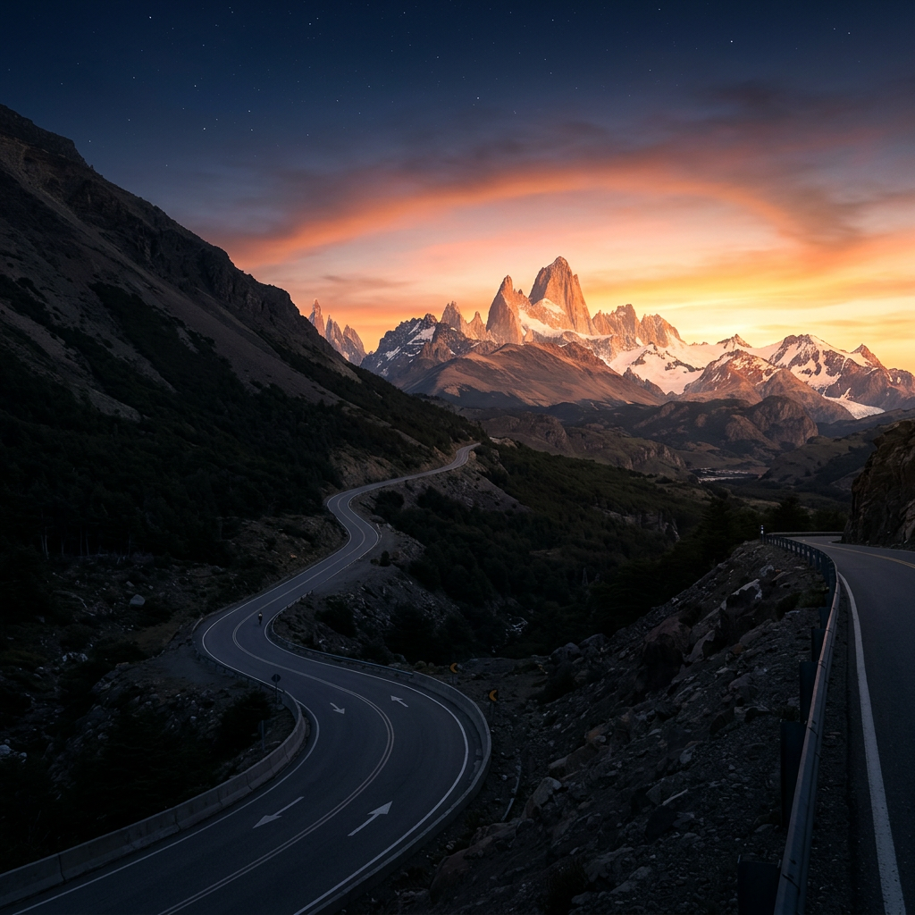 Curved mountain road heading toward snow-covered peaks at sunset